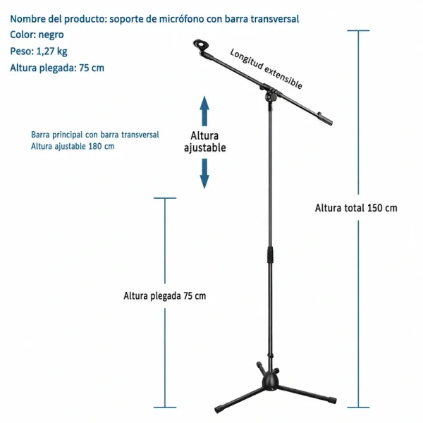 Pedestal Soporte de Micrófono con Brazo Ajustable y Trípode