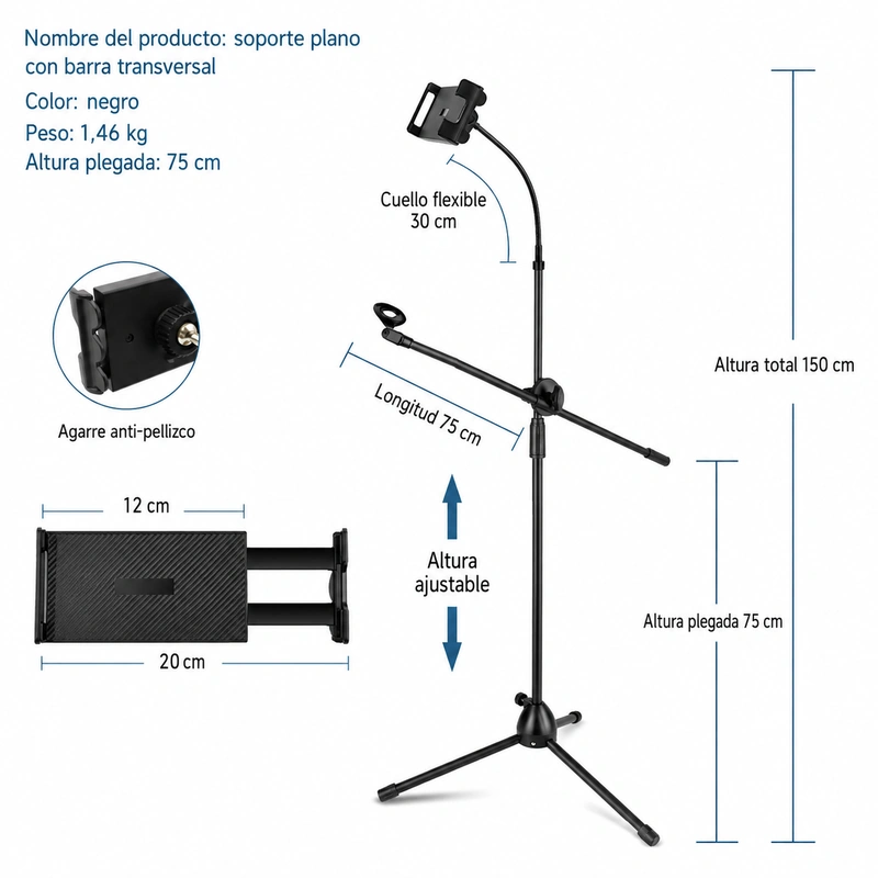 final_soporte_plano_barra Soporte para Celular con Brazo Flexible y Trípode Ajustable